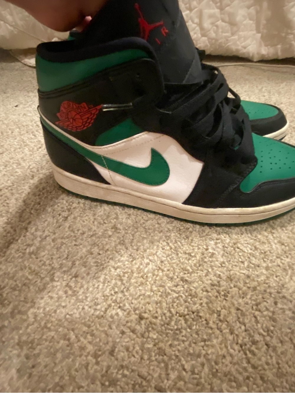 Jordan 1’s 2019 High Top Sneakers in Black & Green with Red Jumpman - Picture 5 of 8
